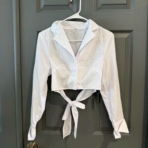 White Tie-Front Crop Button-Up Top - Women's